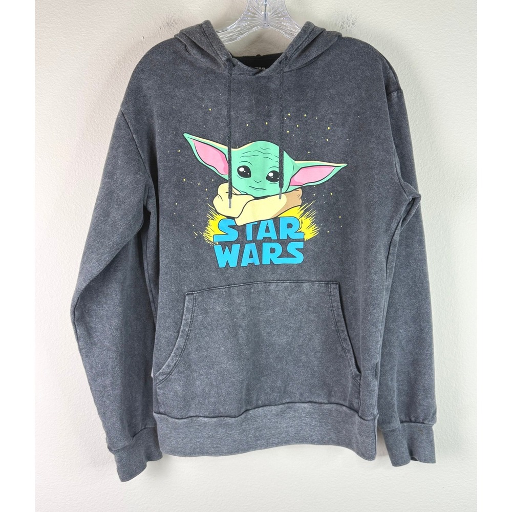 Star Wars Hoodie Unisex Small Baby Yoda Grogu Acid Wash Charcoal Grey Pullover